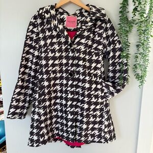 Kate Spade Houndstooth Raincoat Pink Lining Black White Trench Jacket Size Med